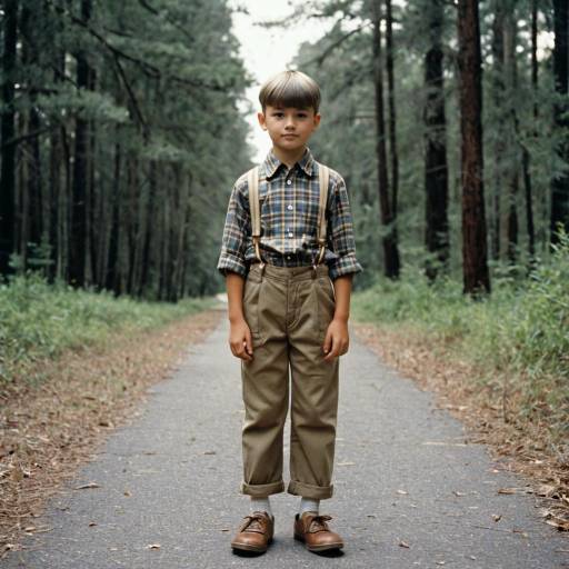 Young boy in vintage outfit standing on forest path