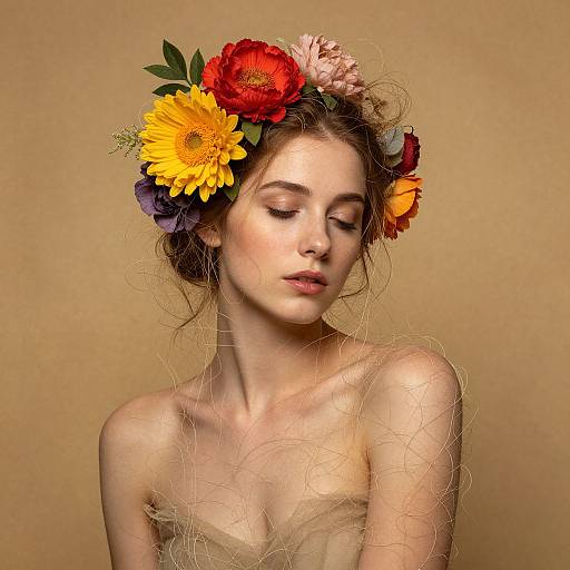 Photograph of a fair-skinned, brown-haired woman with closed eyes, wearing a colorful flower crown of red, yellow, and purple blooms, and