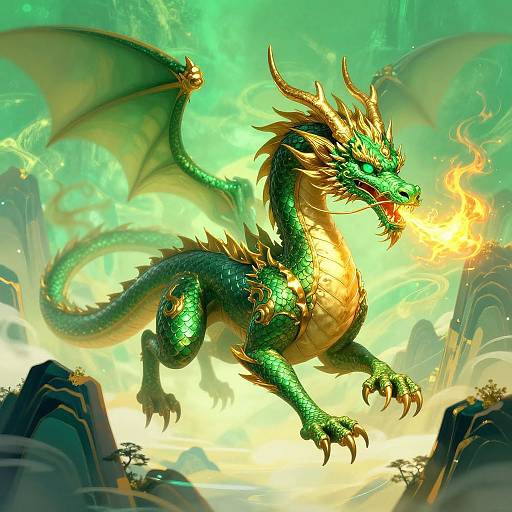 Digital artwork of a fierce, green-scaled dragon with gold horns and scales, breathing fire, soaring above rocky cliffs in a vivid, glowing, green