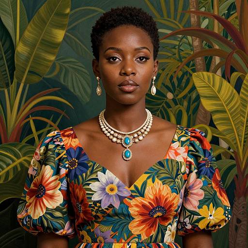 Photograph of an elegant African woman with dark skin, short curly hair, wearing a vibrant floral dress and turquoise jewelry, set against lush tropical foliage.
