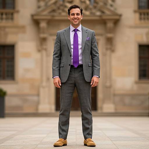 Photograph of a smiling man in a gray plaid suit, purple tie, and tan shoes, standing in front of a blurred stone building.