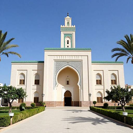 Photograph of a white mosque with intricate blue geometric patterns, a tall central arch, green-tiled roof, and palm trees flanking the entrance.