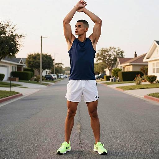 Photograph of a fit, young Black man in a navy sleeveless shirt, white shorts, and neon yellow shoes, stretching on a suburban street.