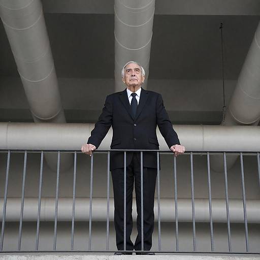 Elderly Man in Suit Under Industrial Pipes