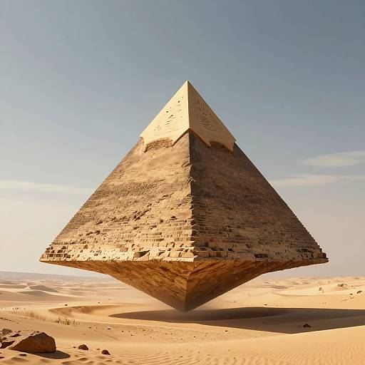 Photograph of a large, weathered, triangular stone pyramid standing in a vast, sunlit desert with golden sand and clear blue sky.