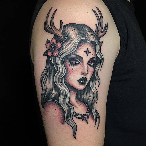 Tattoo of a mystical woman with wavy silver hair, black lips, deer antlers, a pink flower, and a star on her forehead