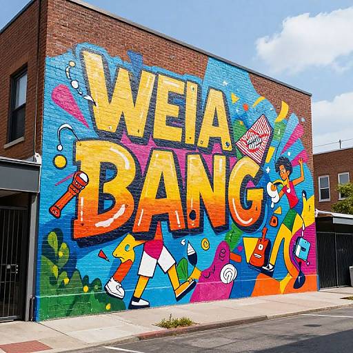 Vibrant street mural on a brick building reads 