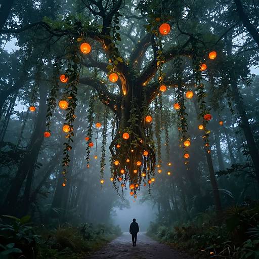Photograph of a misty forest path with a towering tree adorned with glowing orange lanterns, silhouetted figure walking towards a misty horizon