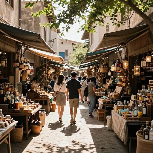 Photograph of a sunlit, narrow outdoor market with hanging lamps, bottles, and baskets on both sides, pedestrians walking down the center.