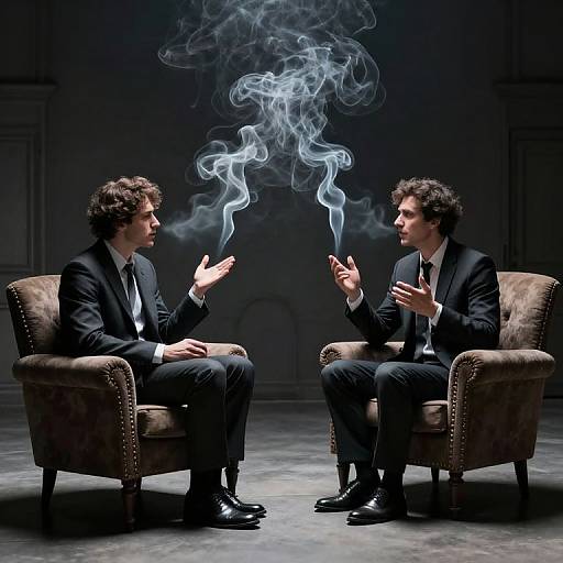 Photograph of two men in black suits, seated in brown armchairs, smoking and exhaling large, swirling blue-gray smoke rings.