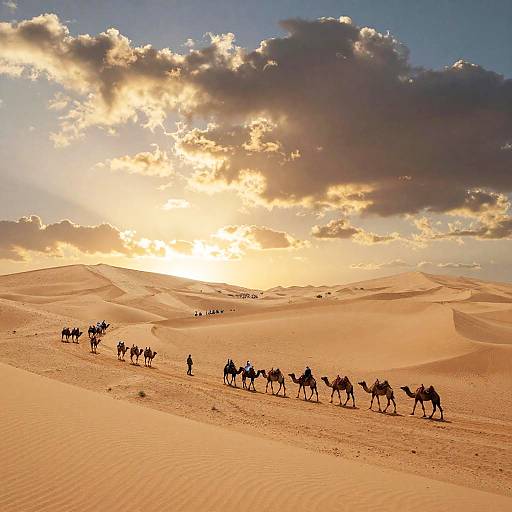 Photograph of a sunlit desert with a caravan of camels, led by a rider, crossing golden sand dunes under a dramatic, cloud-filled