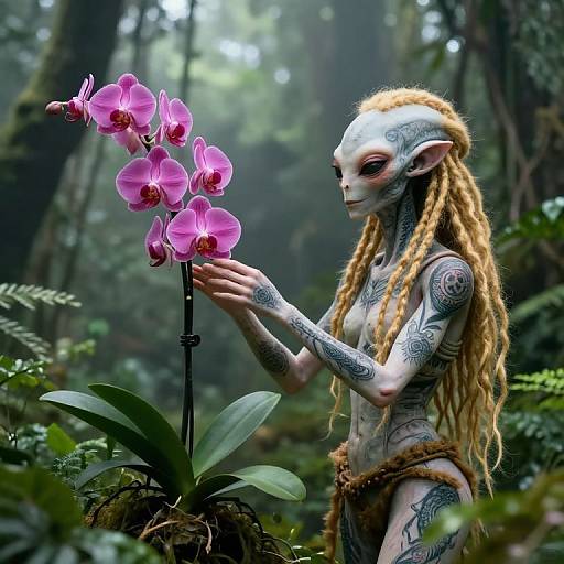 Digital fantasy artwork of a tattooed, elf-like woman with long blonde dreadlocks, admiring pink orchids in a misty forest.