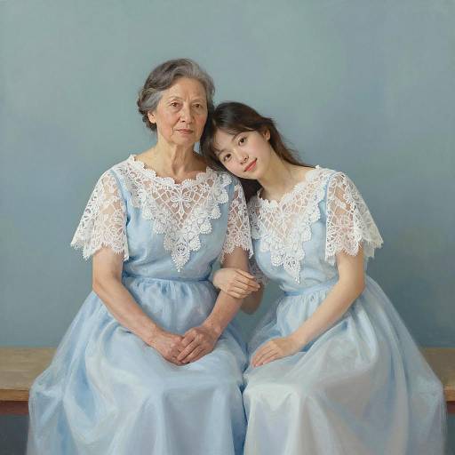 Two Women in Blue Lace Gowns