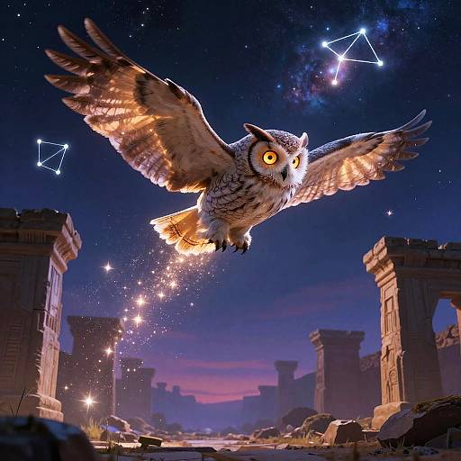 Cosmic Owl Over Ancient Ruins