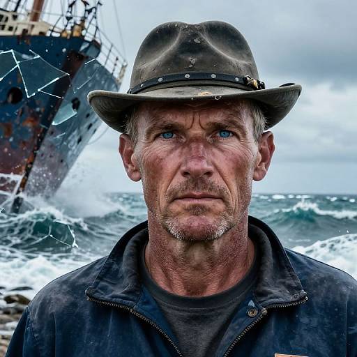 Photograph of a rugged, middle-aged man with blue eyes, grey beard, and brown hat, standing in front of a stormy ocean and ship