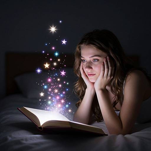 Photograph of a young woman with long brown hair, lying on a bed, hands on cheeks, reading an open book emitting colorful, glowing stars in