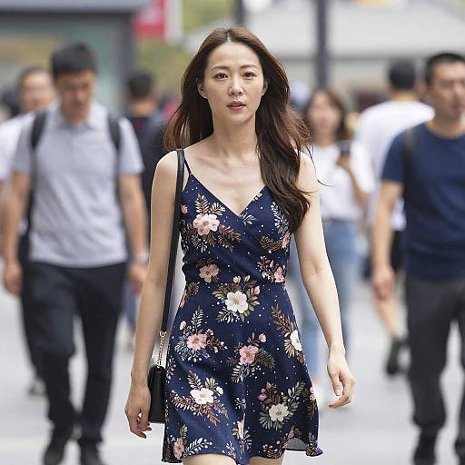 Photograph of an Asian woman with long brown hair, wearing a navy floral dress, walking in a busy urban street with blurred background pedestrians.
