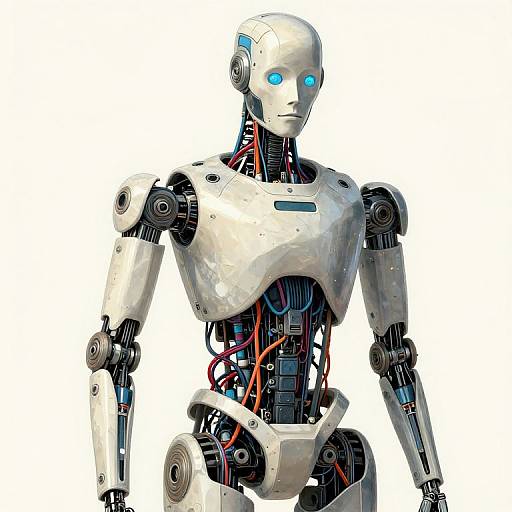 Digital CGI image of a white, humanoid robot with blue glowing eyes, exposed red wiring, and metallic joints against a white background.