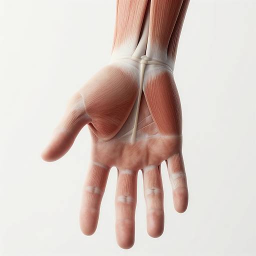 Photorealistic CGI of a human hand, showing detailed muscle anatomy with red and white muscle layers, against a white background.
