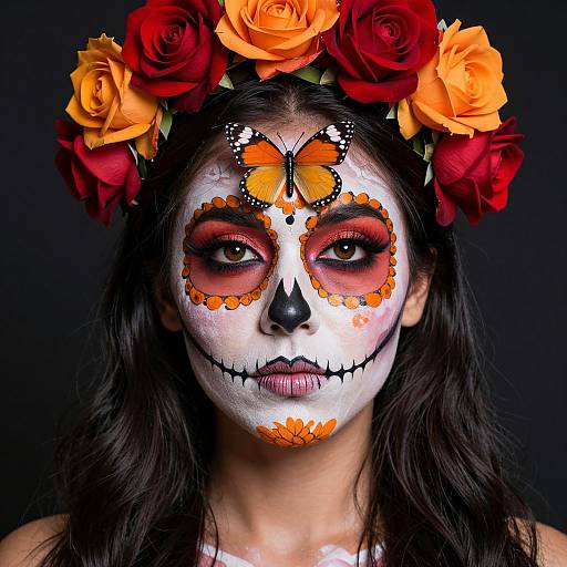 Photograph of a woman with white face paint, black nose, orange butterfly, and red eyeshadow, wearing a flower crown of red and orange