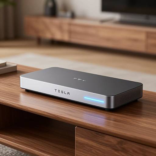 Photograph of a sleek, black Tesla Power Bank with a silver base, resting on a wooden coffee table in a modern living room.