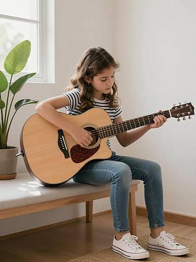 Young Girl Playing Acoustic Guitar Indoors