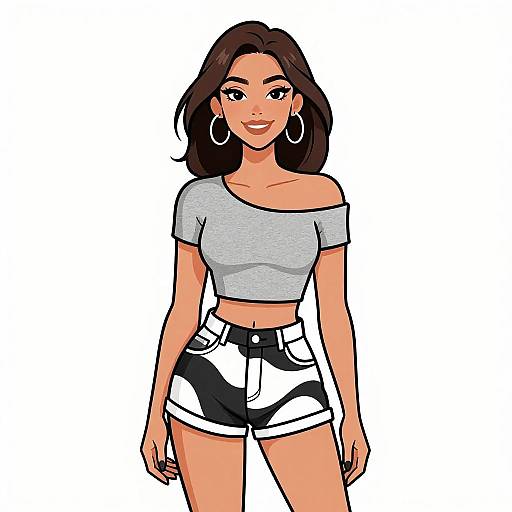 Digital illustration of a smiling woman with medium brown skin, dark brown hair, large hoop earrings, grey off-shoulder crop top, and black-and