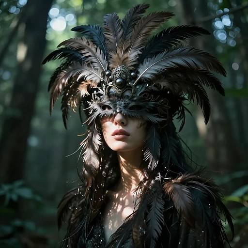 Photograph of a person with dark feathers in a headdress, partially obscuring their face, standing in a sunlit forest.