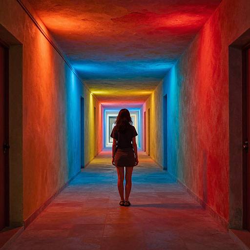 Photograph of a woman in a brightly lit, neon-lit, concrete hallway with red, blue, and yellow lights, standing with her back to