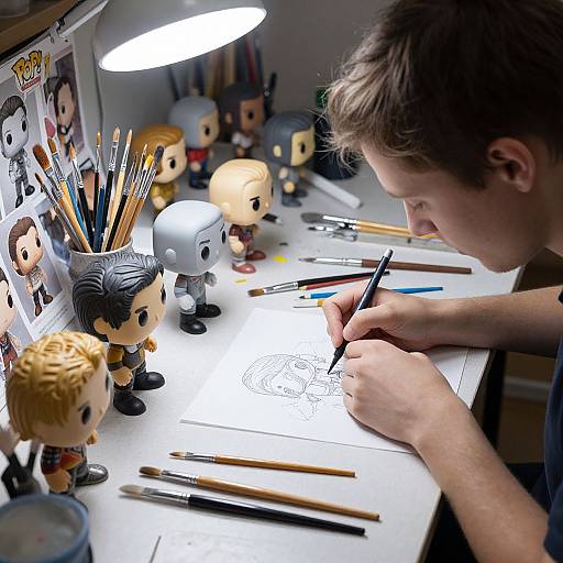 Young man with brown hair, focused on drawing, surrounded by colorful figurines and art supplies under bright desk lamp. Photograph.