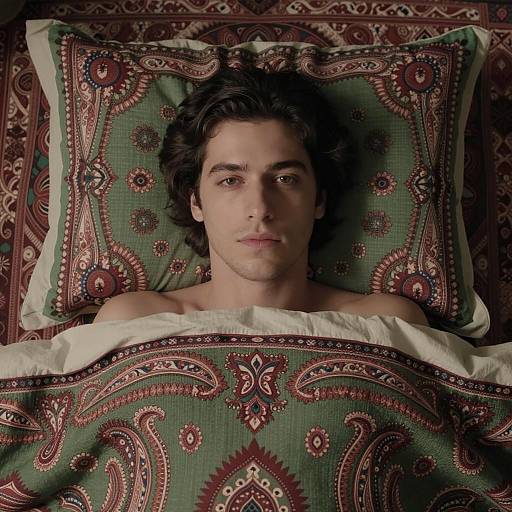 Serious Young Man in Paisley Bedding