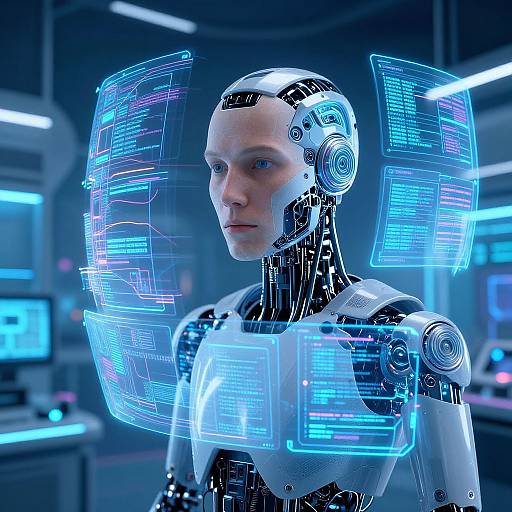 Futuristic AI Man in Sci-Fi Lab