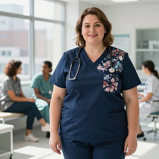 Photograph of a smiling, medium-build, light-skinned female nurse with brown hair, wearing dark blue floral scrubs, standing in a bright,