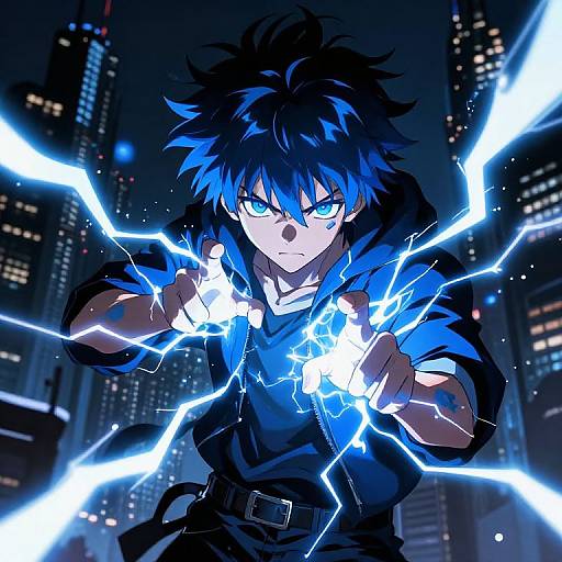 Digital anime artwork of a blue-haired, intense-eyed boy in a black hoodie, releasing electric blue lightning bolts in a dark, cityscape background.