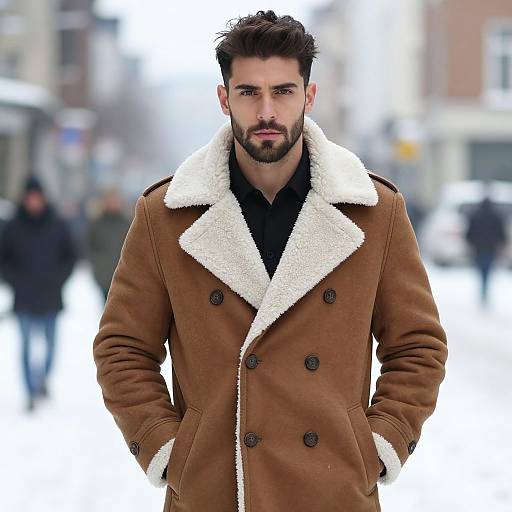 Photograph of a handsome, bearded man with dark hair, wearing a brown, double-breasted shearling coat with white fur collar, standing in