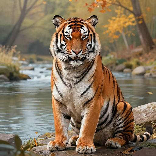 Photograph of a majestic Bengal tiger sitting on a rocky riverbank, with autumn leaves and a flowing stream in the background.