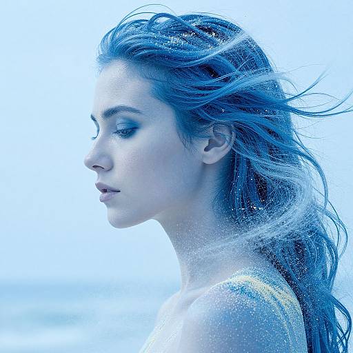 Photograph of a blue-tinted, wet-haired woman in profile, with delicate features, closed eyes, and a serene expression against a bright white