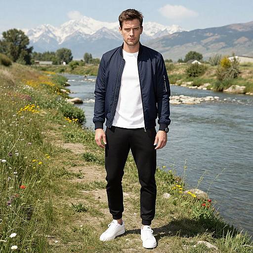 Photograph of a young man with short brown hair, wearing a navy jacket, white t-shirt, black pants, and white sneakers, standing on a
