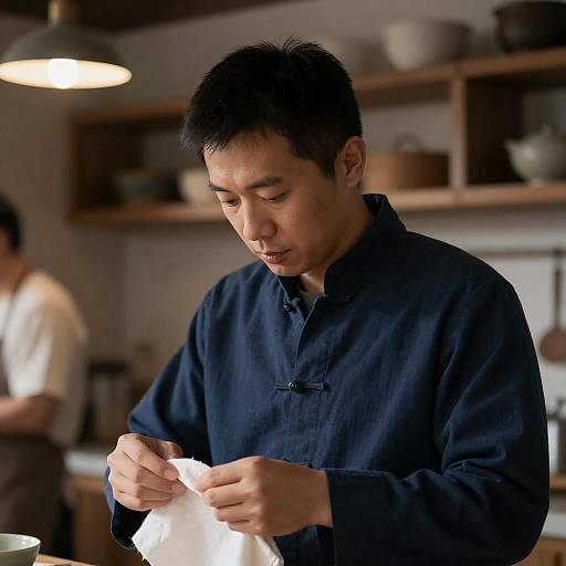 Focused Asian Man in Traditional Dark Blue Jacket