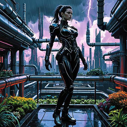 Cyberpunk Warrior Princess on Futuristic Rooftop Garden