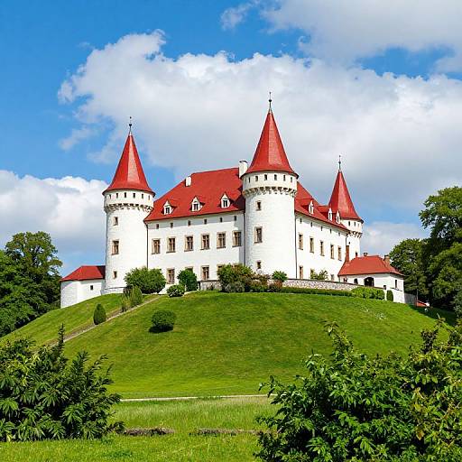 Photograph of a white, medieval-style castle with red, conical roofs, surrounded by lush green hills and a bright blue sky with scattered clouds.