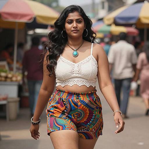 Photograph of a confident South Asian woman with long black hair, wearing a white lace crop top and vibrant, patterned shorts, walking through a bustling