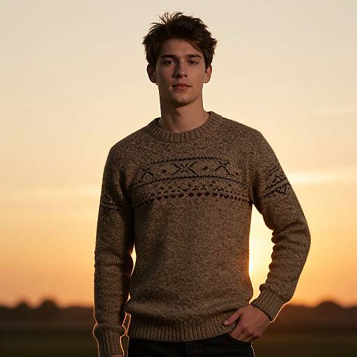 Photograph of a young man with short, spiky brown hair, wearing a brown, patterned sweater, standing against a sunset backdrop.