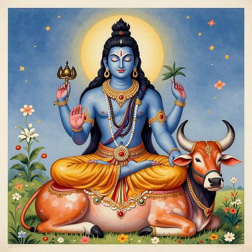 Digital illustration of blue-skinned Lord Vishnu, adorned with gold jewelry, seated on a cow, holding a crown and lotus, against a blue