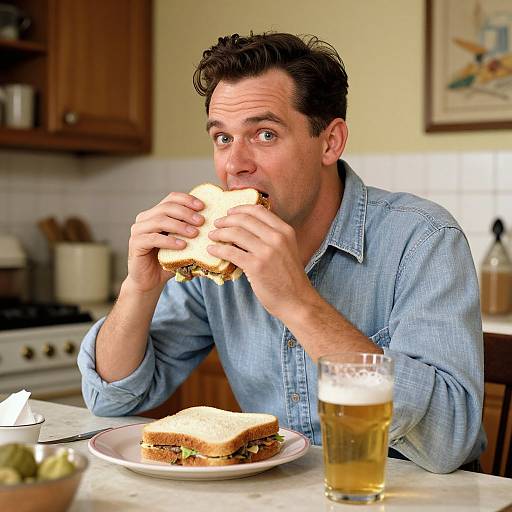 Photograph of a man with short dark hair, blue shirt, eating a sandwich at a kitchen table, with a beer glass in front.