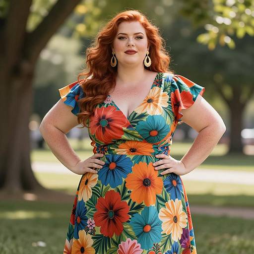 Plus Size Woman in Colorful Floral Dress Outdoors