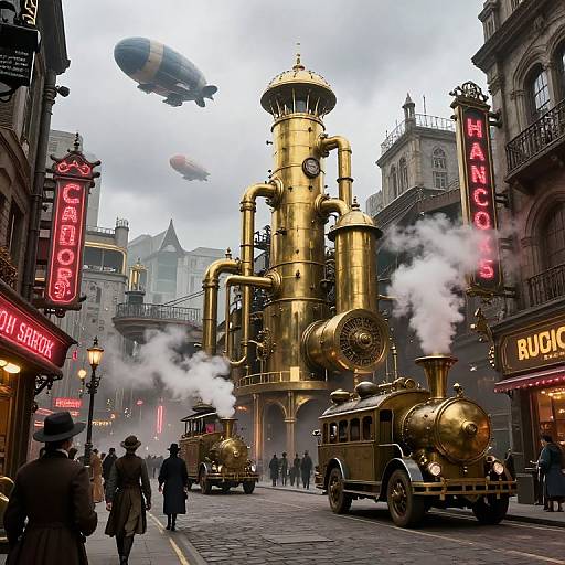 Steampunk city street scene with golden steam-powered machines, zeppelins, and Victorian-era pedestrians, neon signs reading 