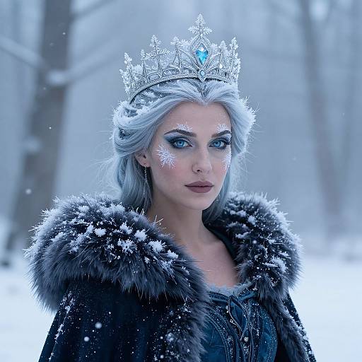 Photograph of a pale-skinned woman with silver hair, blue eyes, and snowflake makeup, wearing a silver snowflake crown and a black fur