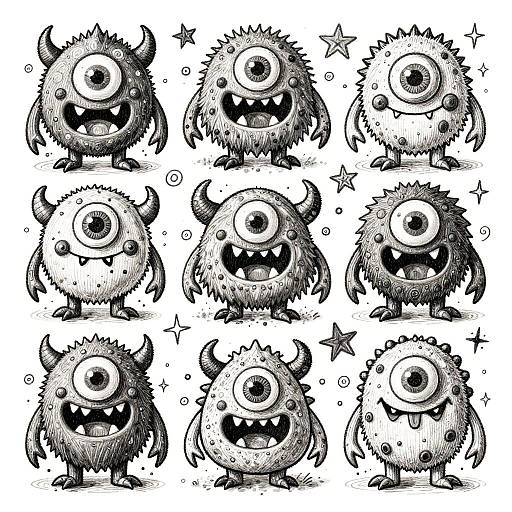 Black-and-white digital drawing of nine cartoonish, round, furry monsters with one large eye, small horns, and sharp teeth, surrounded by stars on