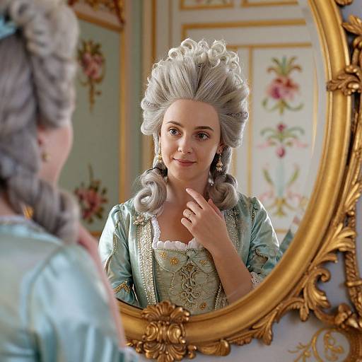 A CGI portrait of a young woman with silver hair, wearing an ornate 18th-century blue gown, gazing at herself in an elaborate gold